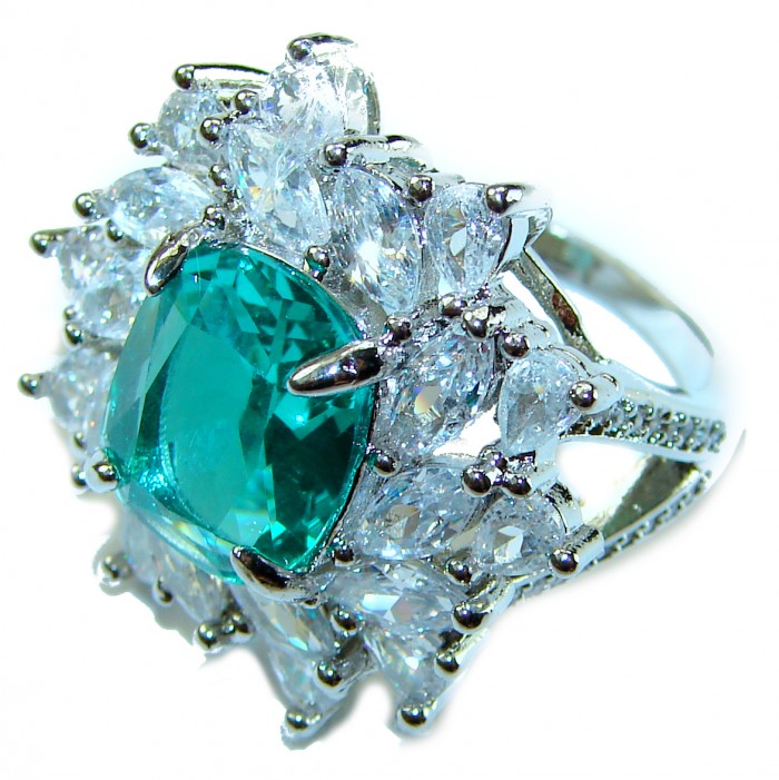 Luxurious 6.5 ctw Colombian Emerald .925 Sterling Silver handcrafted Statement Ring size 6 1/4 - Emerald ring stone close-up with surrounding diamonds