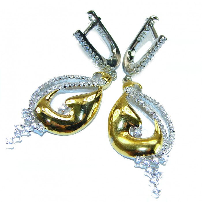 Elegance 4.2 carat White Topaz 14K Gold over .925 Sterling Silver handcrafted Earrings - Close-up of Elegance earrings, gold and silver with white topaz stones.