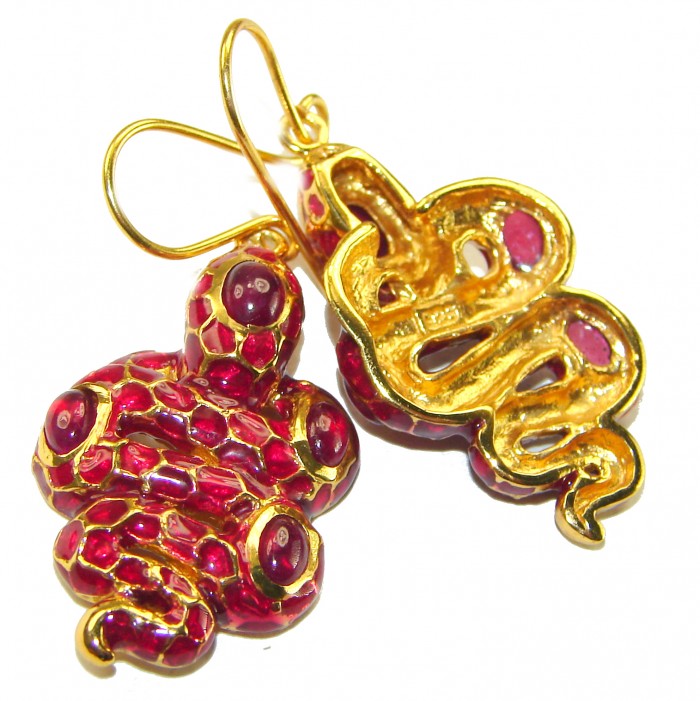 Red Cobra Snakes Genuine Enamel Ruby 18K Gold over .925 Sterling Silver handcrafted Earrings - Close-up of red cobra snake earrings with rubies and gold detailing