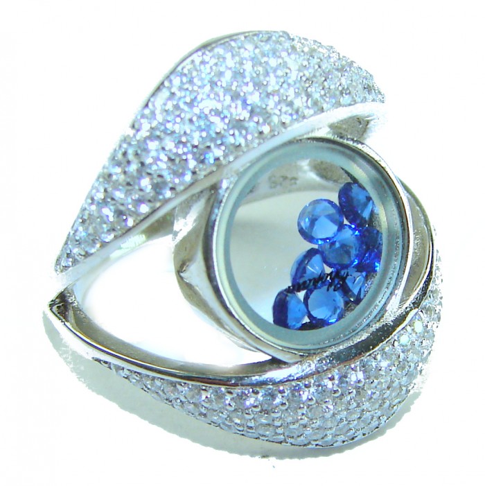 Floating Memories 3.5 carat Sapphire .925 Sterling Silver Handcrafted Ring size 6 1/4 - Close-up of Floating Memories sapphire and silver ring.