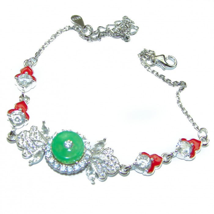 Purity and Harmony Precious genuine 6.5 carat Jade .925 Sterling Silver handcrafted Bracelet - Close-up of jade and silver bracelet with chain and clasp detail.