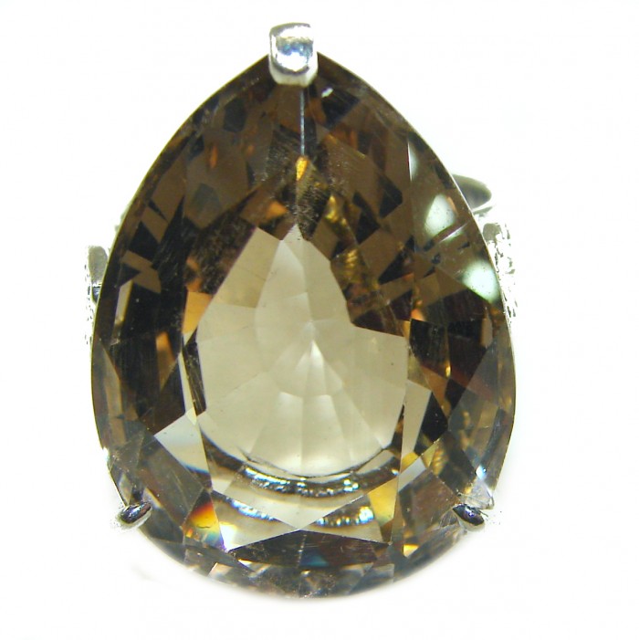 30.8 carat Authentic Smoky Topaz .925 Sterling Silver handcrafted Large ring size 7 - Close-up of 30.8 carat Smoky Topaz on .925 Sterling Silver setting