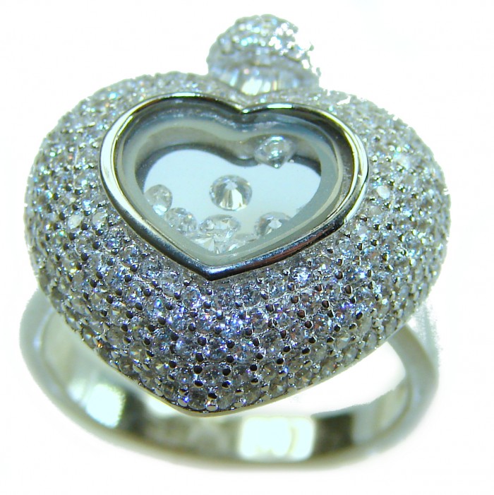 Precious Heart - Floating Memories 10.5 carat White Sapphire .925 Sterling Silver Handcrafted Statement Ring size 6 - Heart-shaped ring with floating diamonds, top view close-up.