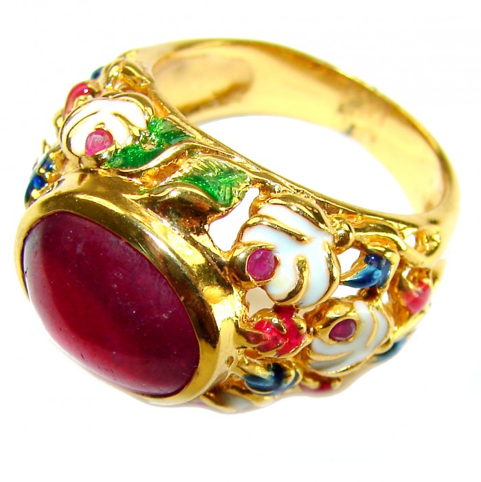 Divine Creation 10.5 carat Mozambique Ruby Enamel 18K Gold over .925 Sterling Silver handcrafted Ring s. 7 - Side view of ruby ring with enamel floral detailing and gold setting.