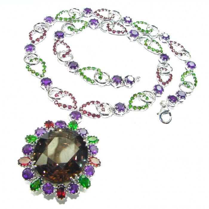 Outstanding 47.5 carat authentic Smoky Topaz .925 Sterling Silver handcrafted Statement necklace - Necklace with Smoky Topaz pendant on white background, full view