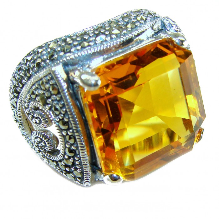 Pure Celestial energy Natural 33.4 carat Golden Topaz Marcasite .925 Sterling Silver handmade Large Statement Ring size 7 - Close-up of 33.4 carat golden topaz ring with marcasite detail.