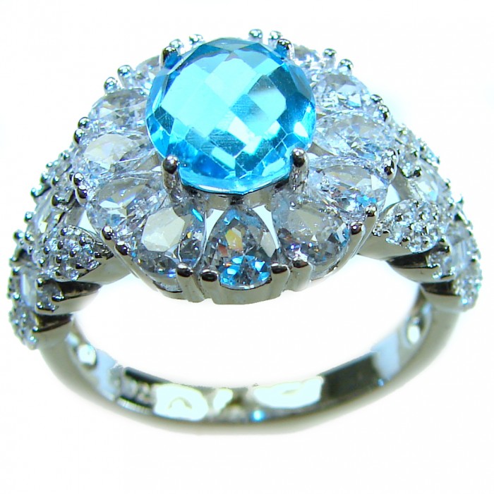Pacifica 5.8 carat Swiss Blue Topaz .925 Sterling Silver handcrafted Large ring size 8 - Close-up of Pacifica ring with Swiss Blue Topaz and sterling silver.