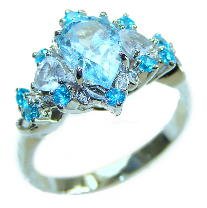 Gabriella - Luxurious 9.5 carat Swiss Blue Topaz .925 Sterling Silver handcrafted Cocktail Ring s. 8 - Close-up of Gabriella ring with blue topaz and sterling silver setting.