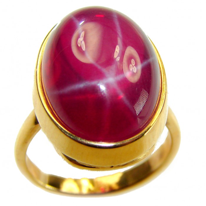 Bella Rosa Genuine 10.5 CARAT Ruby .925 Sterling Silver dipped in 22K Gold Statement Ring size 7 - Close-up of Bella Rosa 10.5 carat ruby ring on gold band.