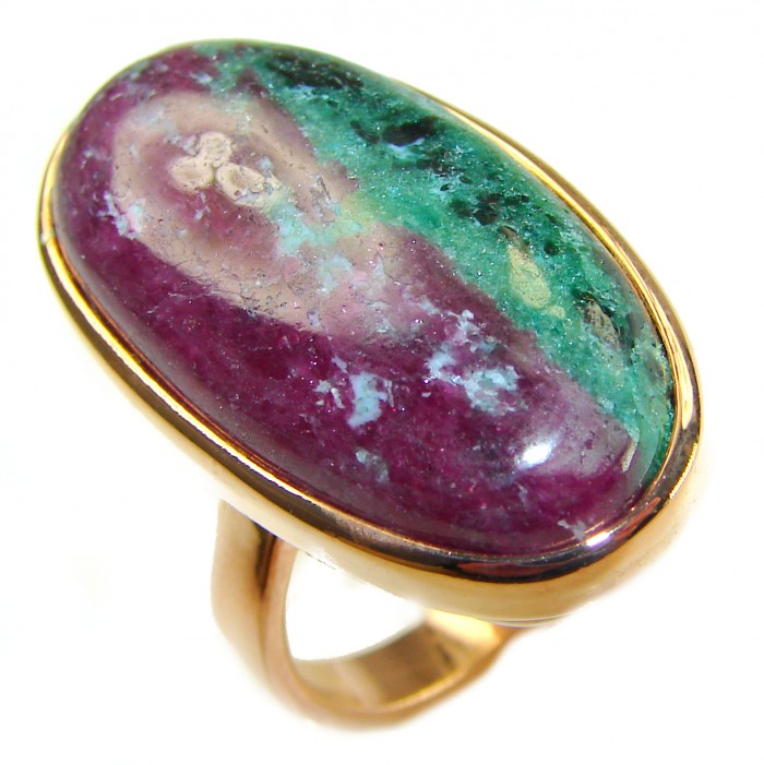 Authentic Ruby in Zoisite 18k Rose Gold over .925 Sterling Silver handmade Cocktail Ring s. 7 adjustable - Ruby in Zoisite ring in rose gold close-up, showing stone detail