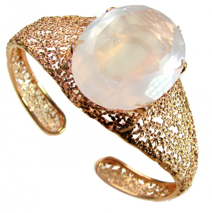 Vintage Beauty Genuine 42.2 carat Brazilian Rose Quartz Rose quartz 22K Rose Gold over .925 Sterling Silver handcrafted Bracelet / Cuff - Vintage rose quartz bracelet side view with intricate gold detailing