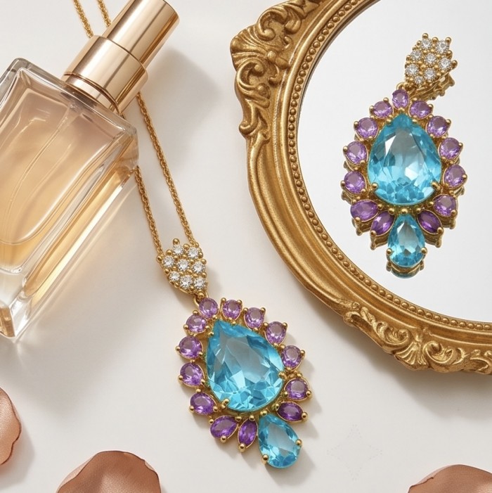 Oceania pear cut 15.8 carat Swiss Blue Topaz .925 Sterling Silver dipped in 22K Gold Handcrafted Pendant - Oceania necklace on mirror with gold trim, with perfume bottle nearby.