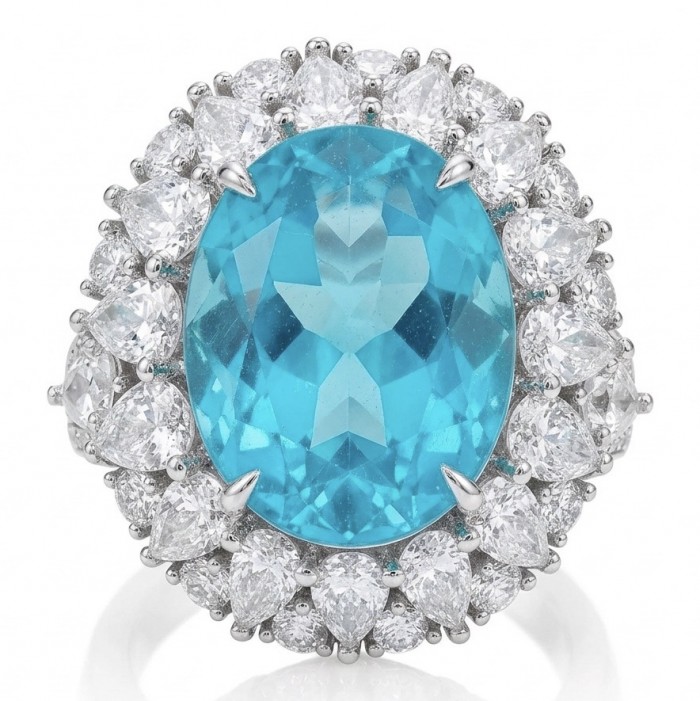 Gabriella 14.2 carat authentic Paraiba Tourmaline rhodium over .925 Sterling Silver handcrafted Statement Ring size 9 1/4 - Close-up of Gabriella 14.2 carat Paraiba Tourmaline ring with diamonds