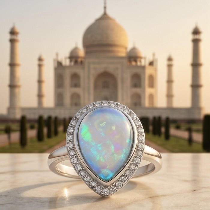 Endless Ocean Genuine 17.5 carat doublet Australian Opal .925 Sterling Silver handmade Ring size 8 - Close-up of Endless Ocean ring with Australian opal, Taj Mahal in background.