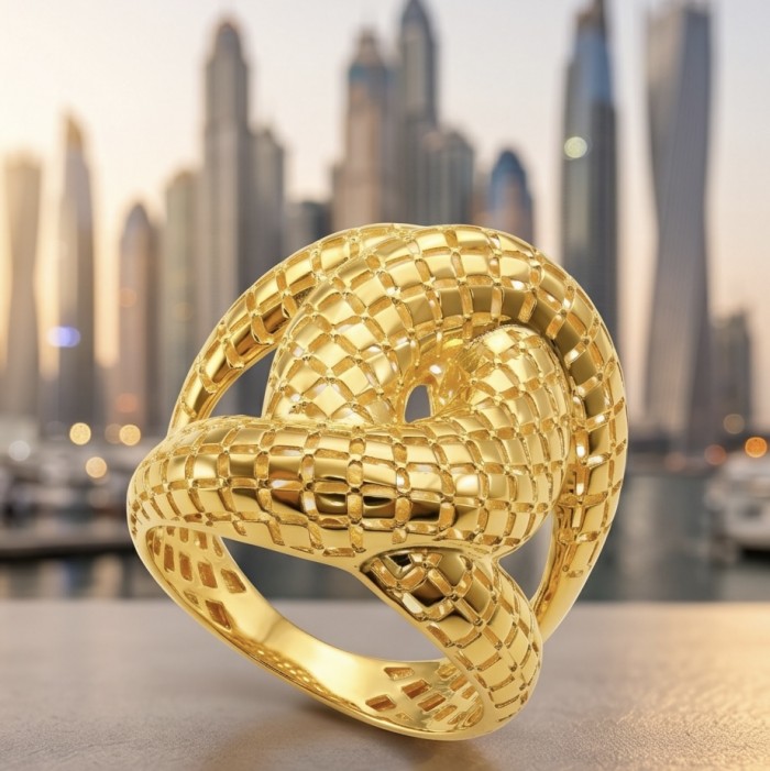 Dubai Style - Golden knot - .925 Sterling Silver dipped in 22K Gold handmade Large ring size 8 - Golden knot ring, artistic shot, city skyline backdrop