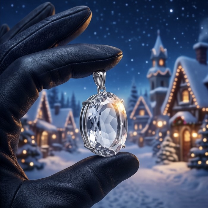 Classic Design 22.5 carat oval cut White Topaz .925 Sterling Silver handcrafted Pendant - Gloved hand holding White Topaz pendant, snowy village in background.