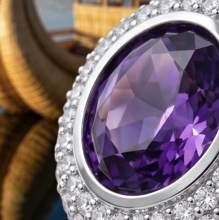 Vintage Beauty - fancy roud cut 14.5 carat Amethyst .925 Sterling Silver dipped in rhodium Handcrafted Large Ring size 5 - Close-up of vintage amethyst stone with diamond accents in silver setting.