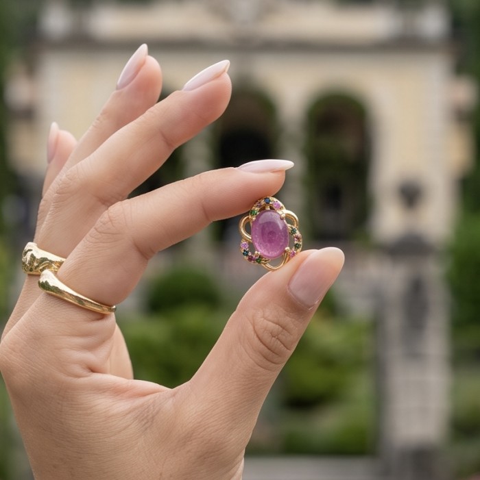 Authentic 6.4 CARAT Ruby 14K Gold over .925 Sterling Silver Pendant - Ruby ring stone close-up, held between fingers with gold band.