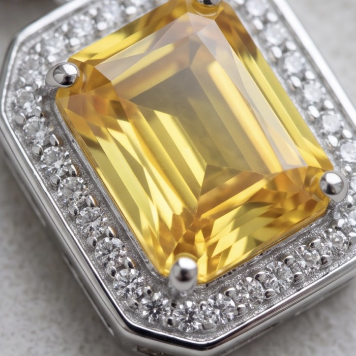 Art Deco - Luxurious baquette cut 8.5 carat Yellow Sapphire rhodium over .925 Sterling Silver handcrafted earrings - Close-up of Art Deco yellow sapphire with diamond halo.