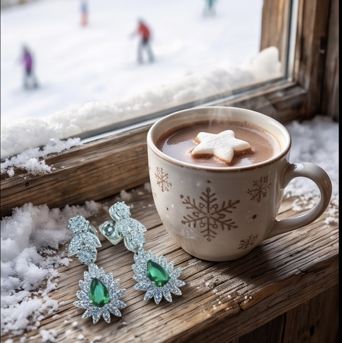 Estelle - Authentic 3.9 carat COLOMBIAN EMERALD rhodium over .925 Sterling Silver handcrafted earrings - Emerald earrings on snowy windowsill with hot cocoa in snowflake mug