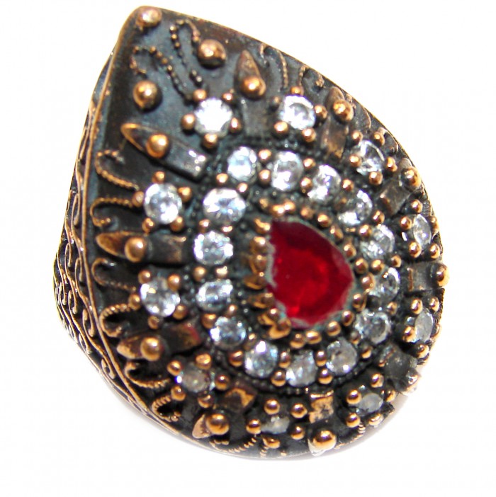 Large Victorian Style created Ruby & White Topaz Sterling Silver ring; s. 5 3/4 - photo 1