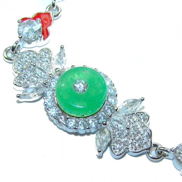 Purity and Harmony Precious genuine 6.5 carat Jade .925 Sterling Silver handcrafted Bracelet - Close-up of jade and crystal detail on Purity and Harmony bracelet.