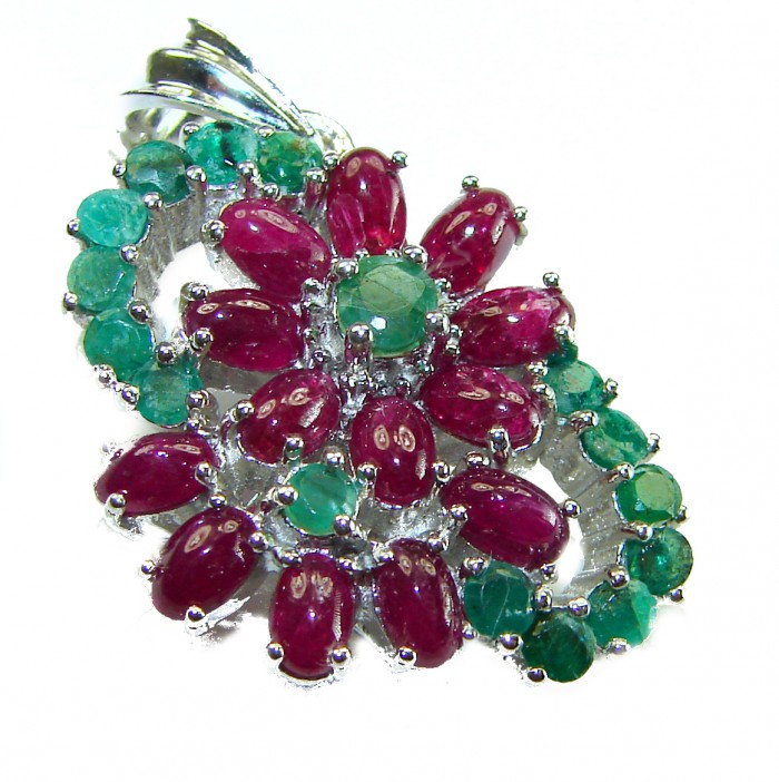 Magnificent Flower 17.5 carat Ruby Emerald .925 Sterling Silver handcrafted incredible Statement Pendant - Ruby and emerald flower pendant close-up on white background