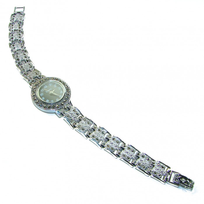 Precious 59.8 carat MARCASITE .925 Sterling Silver handmade Bracelet - Watch - Silver marcasite watch with ornate strap, top view.