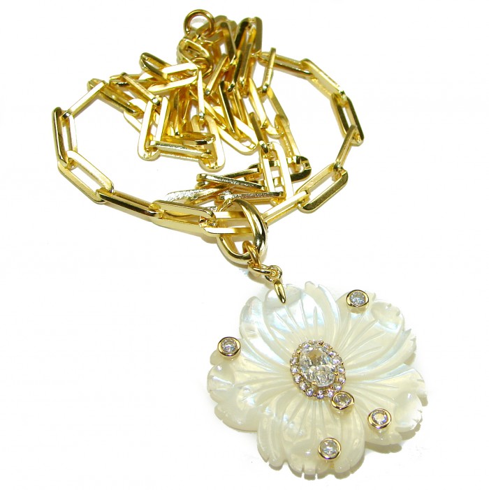 Precious White Flowers Blister Pearl 0.7 carat White Sapphire 14K Gold over .925 Sterling Silver .925 Sterling Silver Necklace - Gold chain with floral pearl pendant, sapphire accents, top view