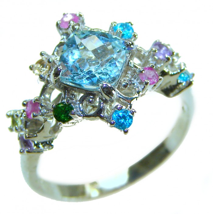Stella 4.8 carat Swiss Aquamarine .925 Sterling Silver handmade Statement Ring size 7 - Ring with colorful gemstones, angled top view, Swiss Aquamarine center.