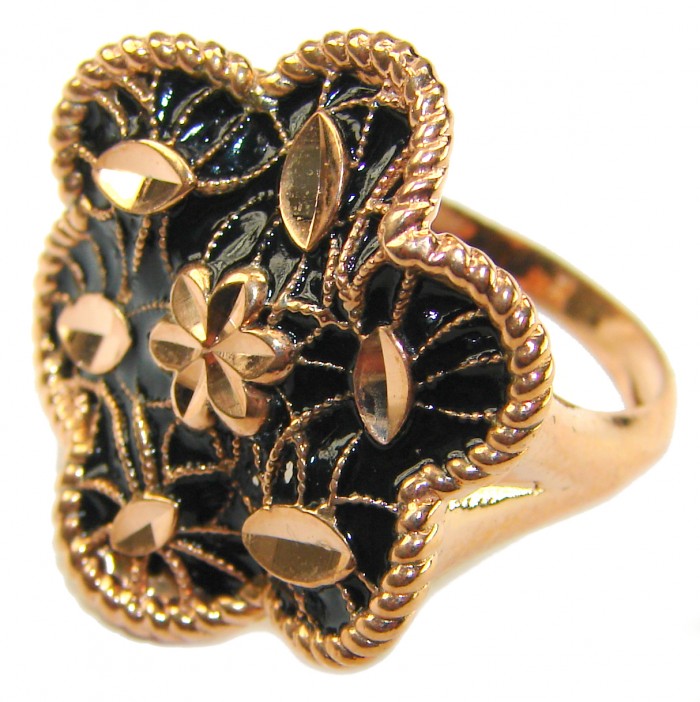 Dubai Style - Golden Flowers black enamel .925 Sterling Silver dipped in 22K Rose Gold handmade Large ring size 6 - Side view of gold flower ring with black enamel detailing.