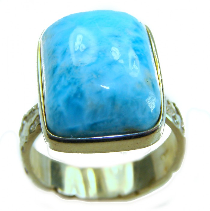 16.9 carat Blue Perfection natural Larimar .925 Sterling Silver handmade Large ring size 8 1/2 - Close-up of 16.9 carat blue Larimar ring in .925 sterling silver