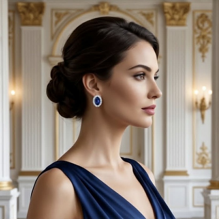 Giovanna - Authentic oval cut 6.8 carat Tanzanite .925 Sterling Silver handcrafted earrings - Side view of woman wearing Giovanna Tanzanite earrings in elegant setting.