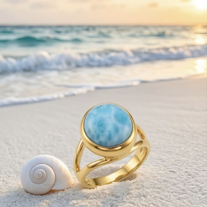 Perfection 8.9 carat Blue Larimar 18K Gold over .925 Sterling Silver handmade ring size 6 - Close-up of a blue larimar ring in gold on a beach background.