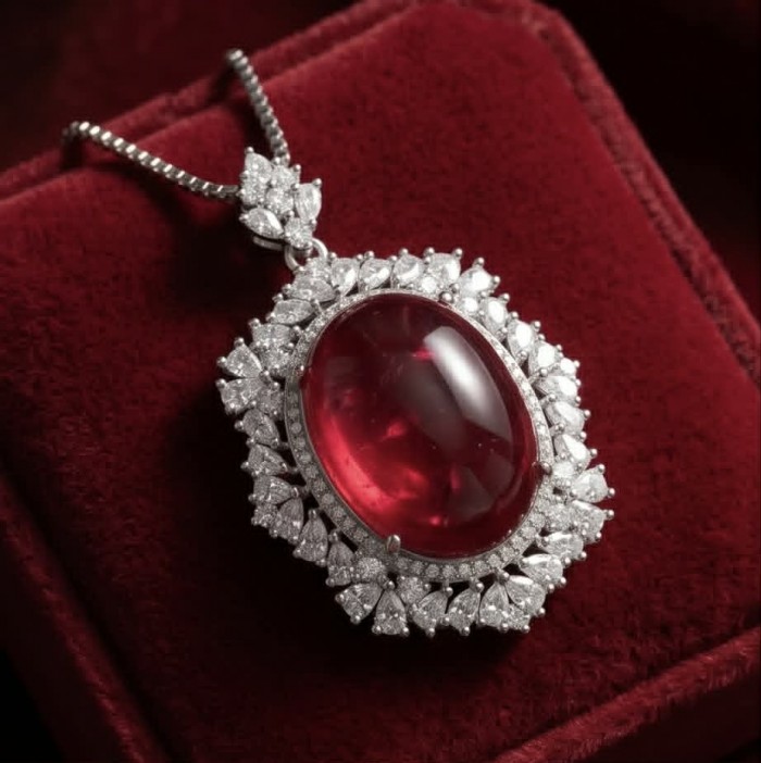 Luxurious 28.8 carat natural Ruby White Topaz .925 Sterling Silver .925 Sterling Silver Statement Necklace - Ruby and topaz pendant close-up on red background.
