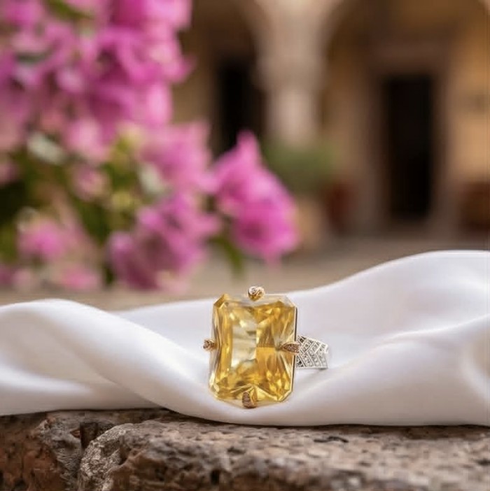 Solid 35.8 carat Genuine Yellow Sapphire 2 tones .925 Sterling Silver handcrafted ring size 7 adjustable - Close-up of yellow sapphire ring on white fabric with floral background.