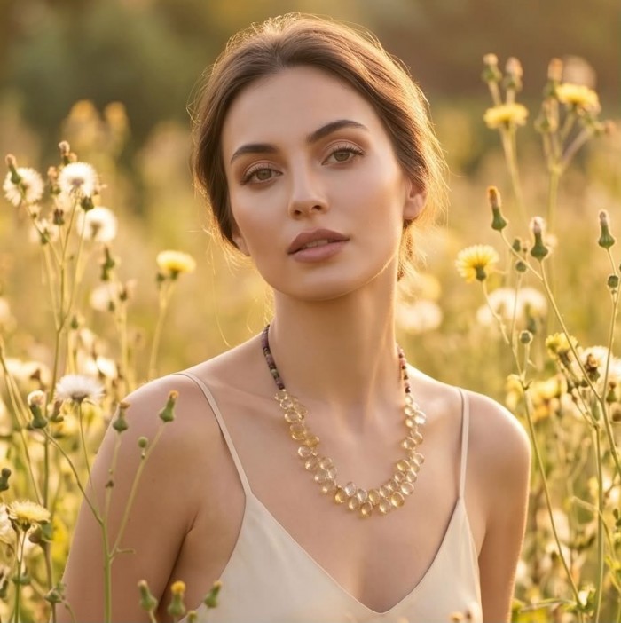 Francesca - briolette cut 45.2 carat Natural Brazilian Citrine Amethyst TOURMALINE .925 Sterling Silver dipped in 14K Gold handcrafted necklace - Woman wearing Francesca necklace in a field of flowers, front view.