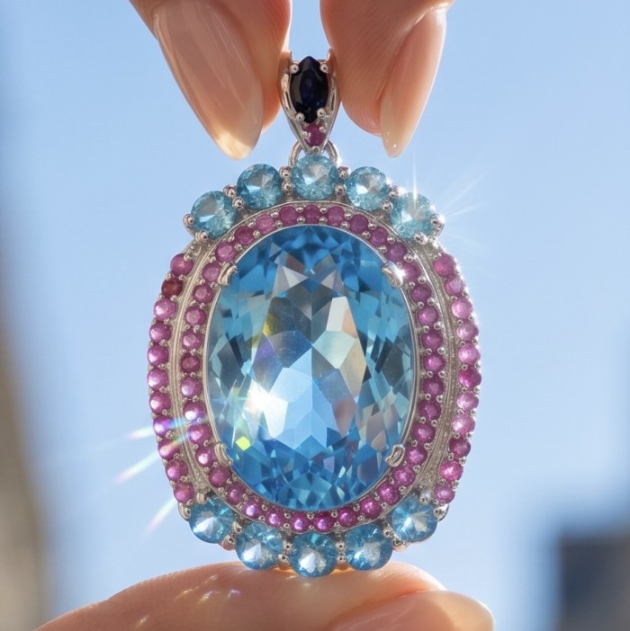 Oceania oval cut 37.8 carat Swiss Blue Topaz .925 Sterling Silver dipped in rhodium Handcrafted Pendant - Close-up of Oceania pendant with blue topaz and pink sparkle accents