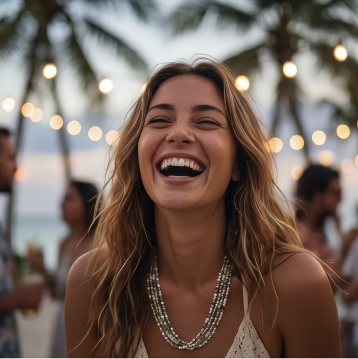 Infinity authentic 44.5 carat Brazilian Tourmaline .925 Sterling Silver handcrafted necklace - Woman wearing beaded necklace at a beach party, smiling broadly.