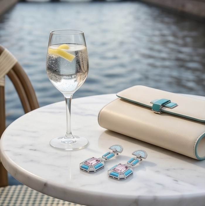 Emily - Art Deco - Precious genuine 12.2 carat Kunzite inlay Turquoise .925 Sterling Silver handcrafted earrings - Earrings with Kunzite on a table beside a clutch and drink, waterfront view.