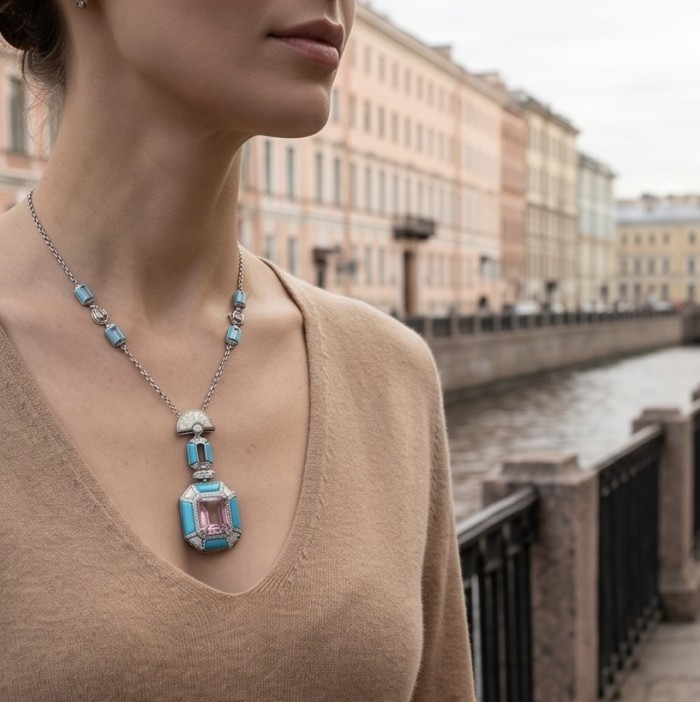 Emily - Art Deco - Precious genuine 8.4 carat Kunzite inlay Turquoise .925 Sterling Silver handcrafted necklace - Emily necklace with 8.4 carat Kunzite, worn, canal backdrop