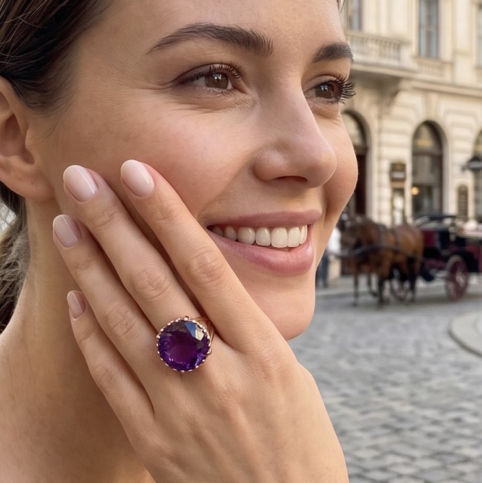 Peace 10.5 carat natural Amethyst 18K Gold over .925 Sterling Silver Handcrafted Ring size 9 1/4 - Amethyst gold ring worn on hand, close-up view.