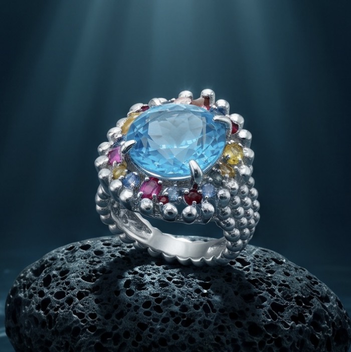 Ocean Blue Natural 22.8 carat Swiss Blue Topaz .925 Sterling Silver dipped in rhodium handmade Large Statement Ring size 8 - Ocean Blue Topaz ring with colorful stones on black rock, detailed view.