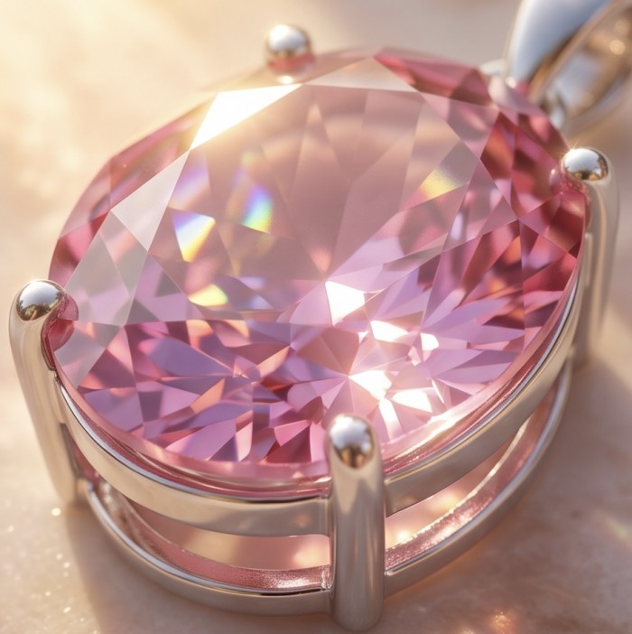 Oval cut 28.8 carat Bubblegum Pink Sapphire from Madagascar .925 Sterling Silver handcrafted pendant - Close-up of an oval cut Bubblegum Pink Sapphire in a silver setting.