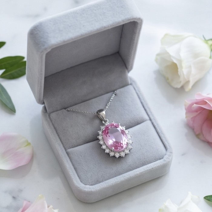 Incredible oval cut 15.8 carat Pink Sapphire .925 Sterling Silver handcrafted pendant - Pink sapphire pendant in box, top view with floral background
