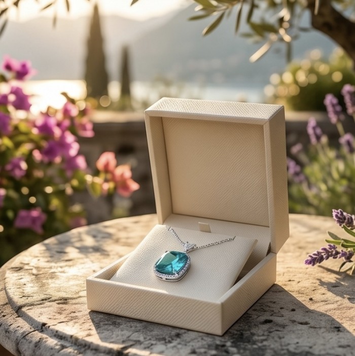Brazilian's Briliance - emerald cut 31.7 carat Paraiba Tourmaline .925 Sterling Silver handcrafted necklace - Paraiba Tourmaline necklace in open box, garden background, front view
