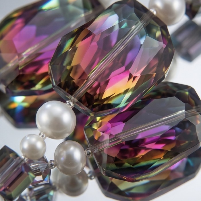 Bohemian Style Genuine Titanium Aura Quartz .925 Sterling Silver handmade necklace - Close-up of Bohemian titanium aura quartz and pearl necklace.