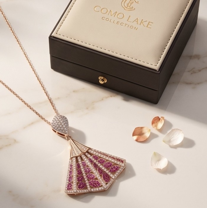 Luxurious 5.2 carat Kashmir Ruby .925 Sterling Silver dipped in 18K Rose Gold handmade Pendant - Pendant with rubies and diamonds beside jewelry box on marble surface