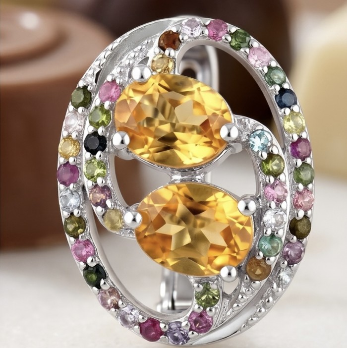 Vivien Luxurious Style - Natural 9.7 carat Citrine .925 Sterling Silver dipped in rhodium handmade earrings - Close-up of Vivien Luxurious Style Citrine jewelry with multicolor stones.