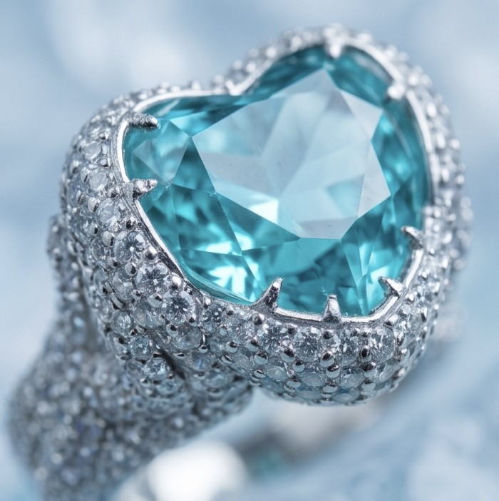Deep Desire HEART SHAPE 18.8 carat Paraiba Tourmaline .925 Sterling Silver handcrafted ring size 8 - Close-up of Deep Desire heart-shaped Paraiba tourmaline ring